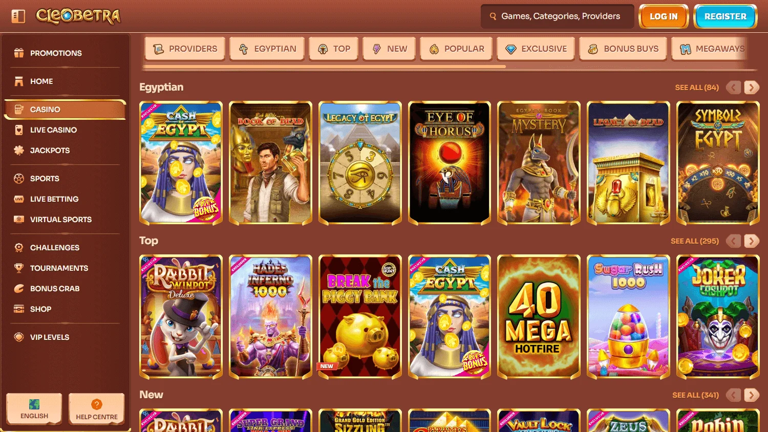 Cleobetra Casino desktop casino games lobby