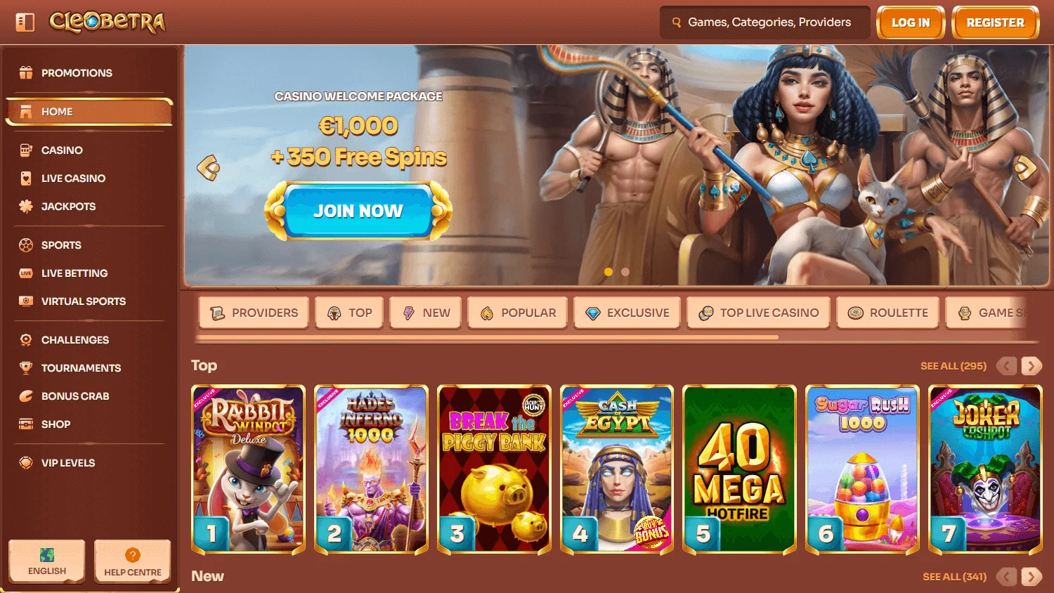Cleobetra Casino desktop home screen for Australian players