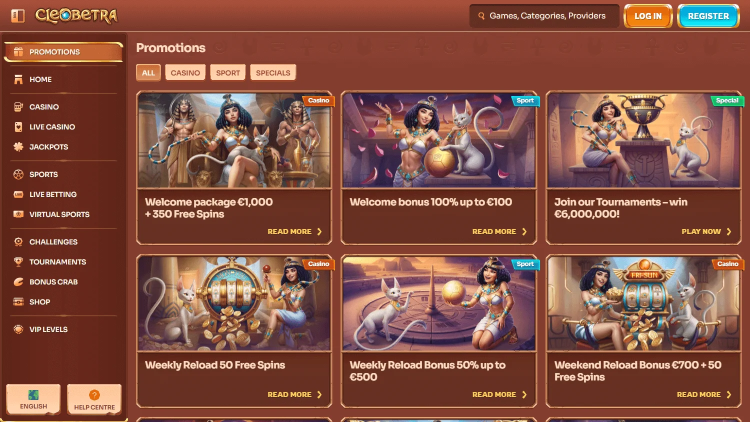 Cleobetra Casino desktop promotions area