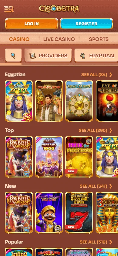 Cleobetra Casino mobile games lobby
